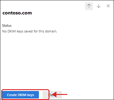Domain details flyout in the Defender portal: status reads No DKIM keys saved for this domain, with the Create DKIM keys button marked in red