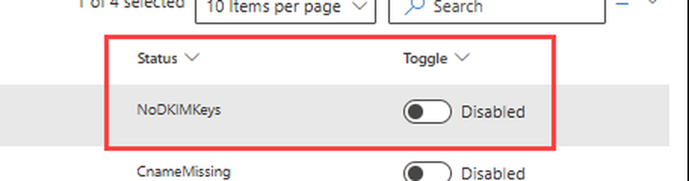 Close-up of the domain row: status NoDKIMKeys and the Disabled signing toggle